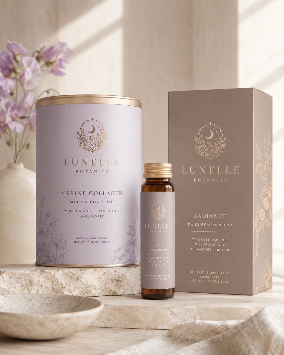 Lunelle Botanics — beauty supplement cartons