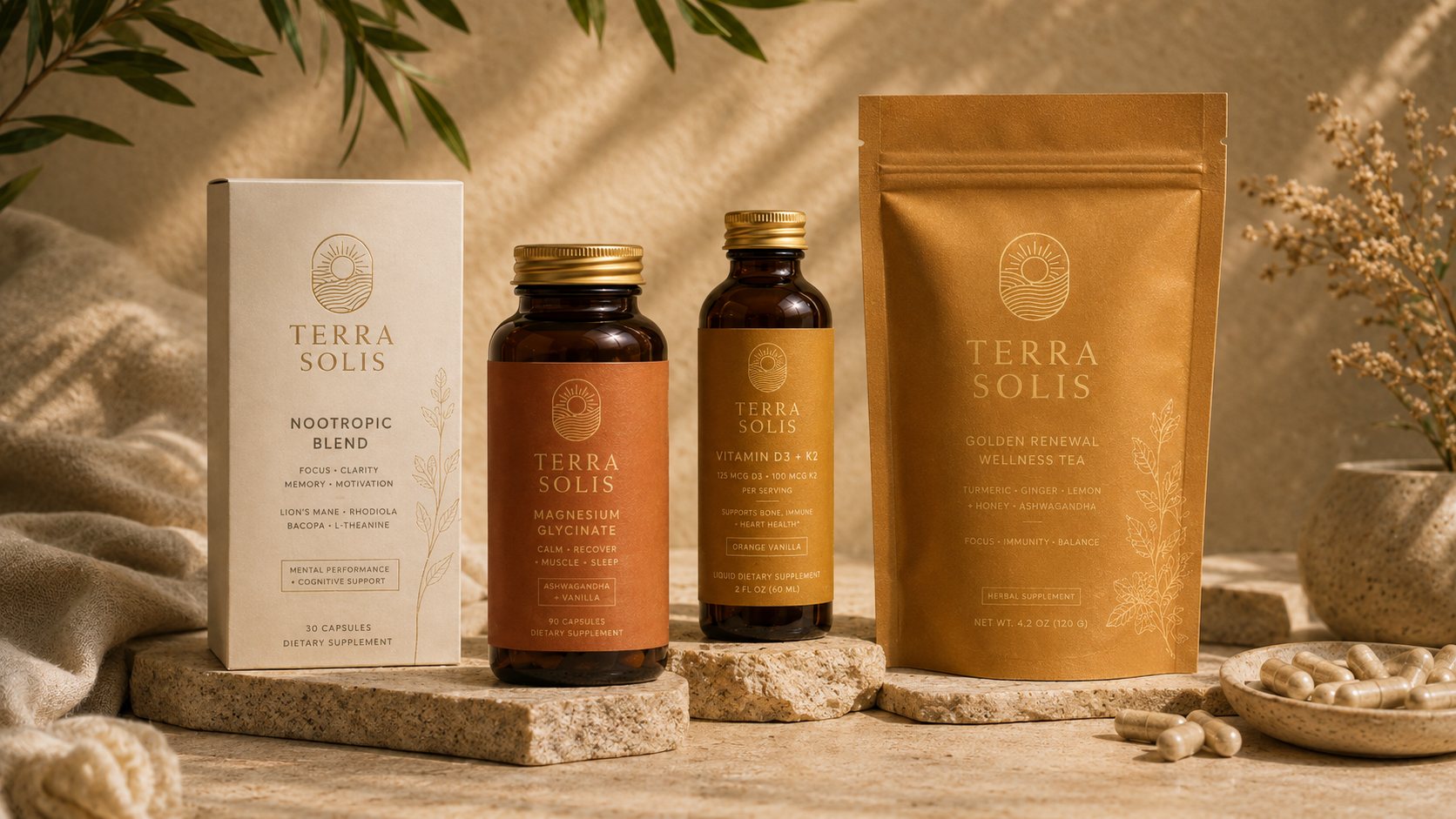 The Terra Solis range arranged on stone in warm light