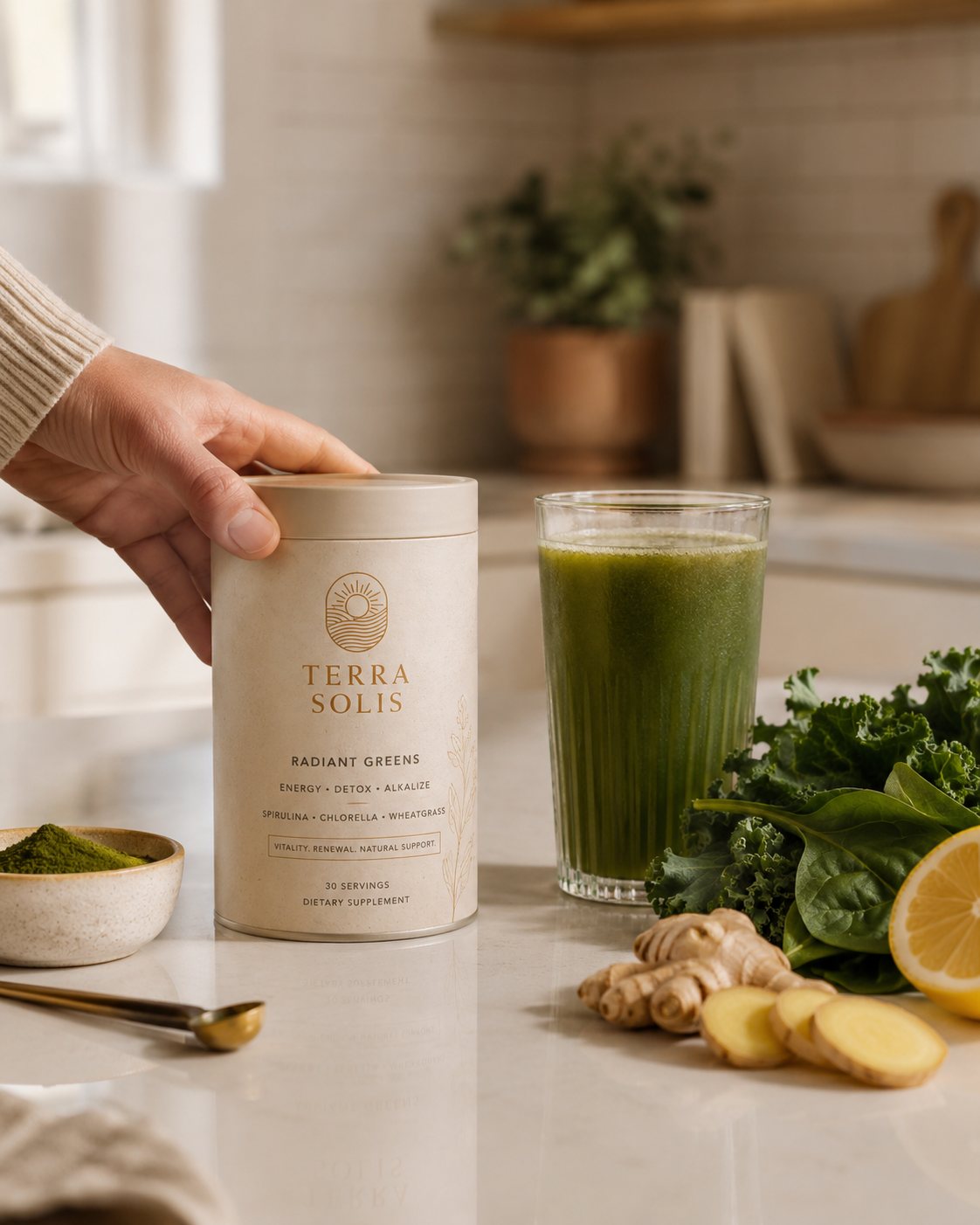Radiant Greens pressed-paper canister in a sunlit kitchen