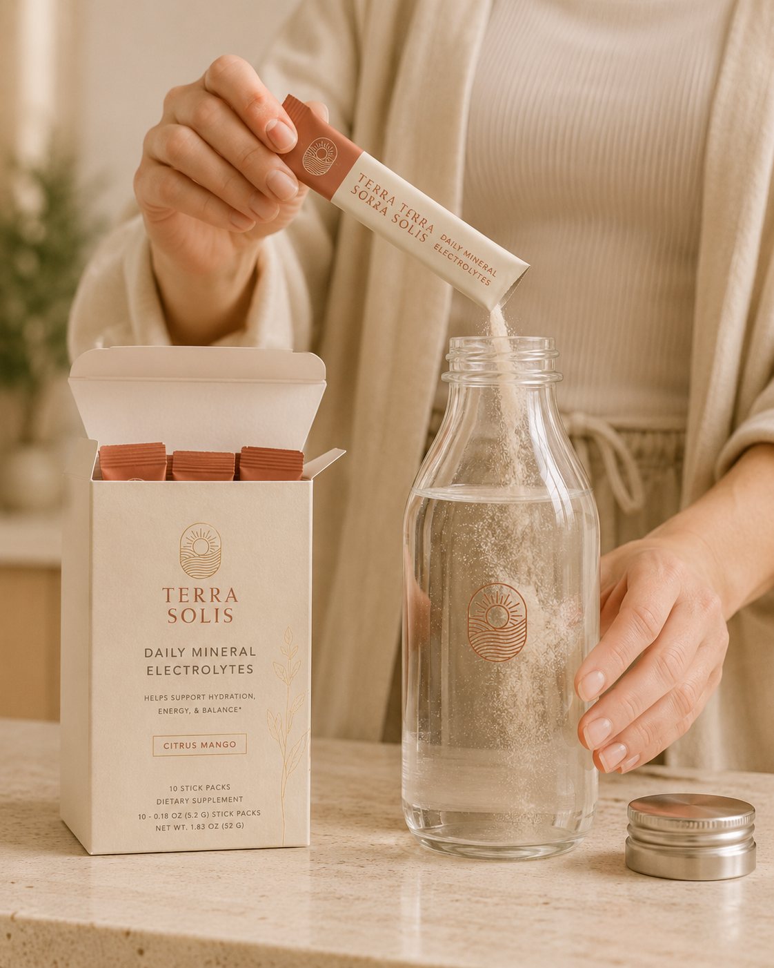 Daily Mineral Electrolytes single-serve stick poured into water