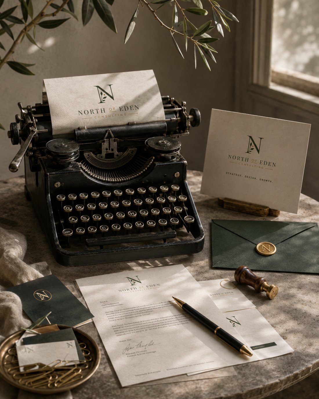 North of Eden brand atmosphere — letterpress, wax seal, and typewriter